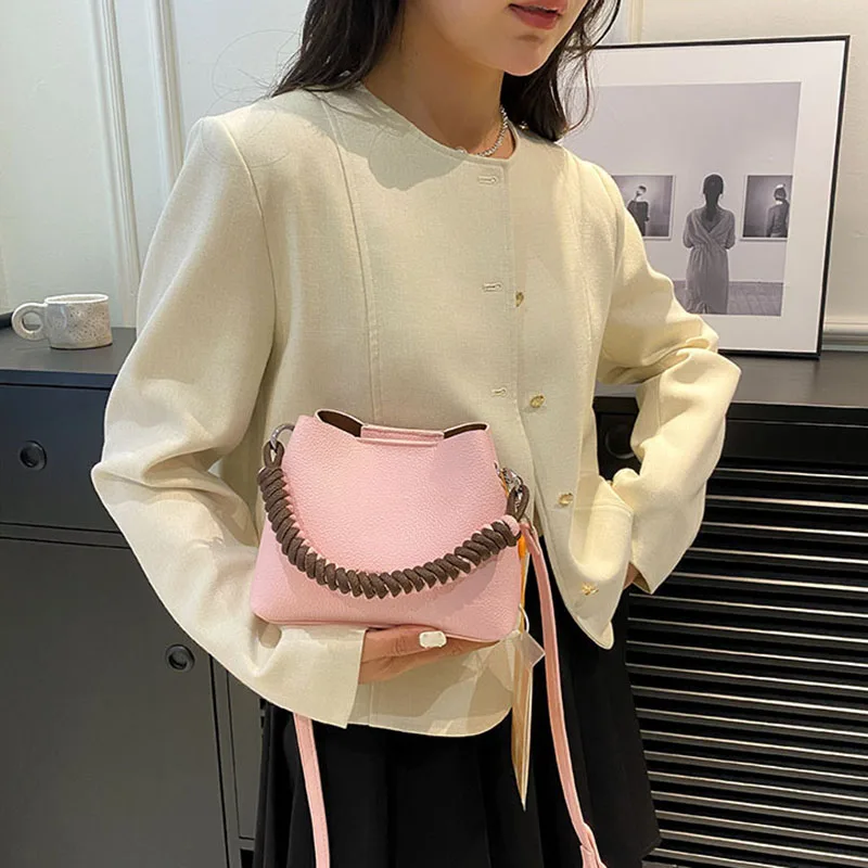 Solid Color Leather Buns Mother Single Shoulder Bags Personality Originality Weave Handle Crossbody Bags for Women Bucket Bag