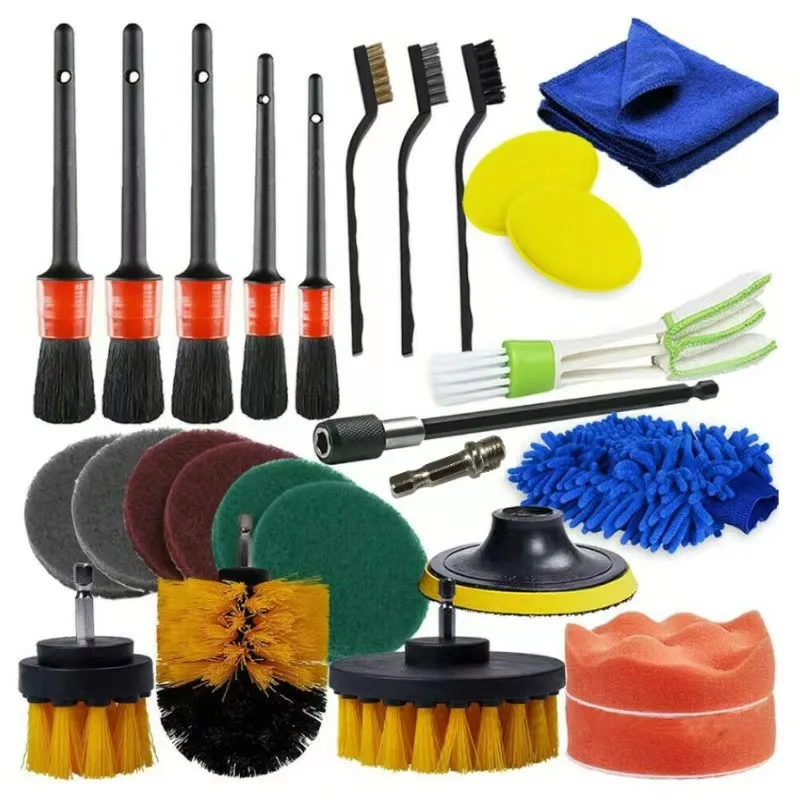 

26/9PCS car detailing brush Kit drill cleaning brush for drill sponge car wash drying towel wheel rim cleaning screwdriver brush