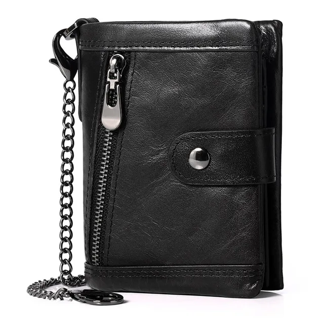 Men's Vertical Zipper Chain Wallet Vintage Genuine Leather Wallet for Men RFID Blocking Business ID Credit Card Holder Purse 1