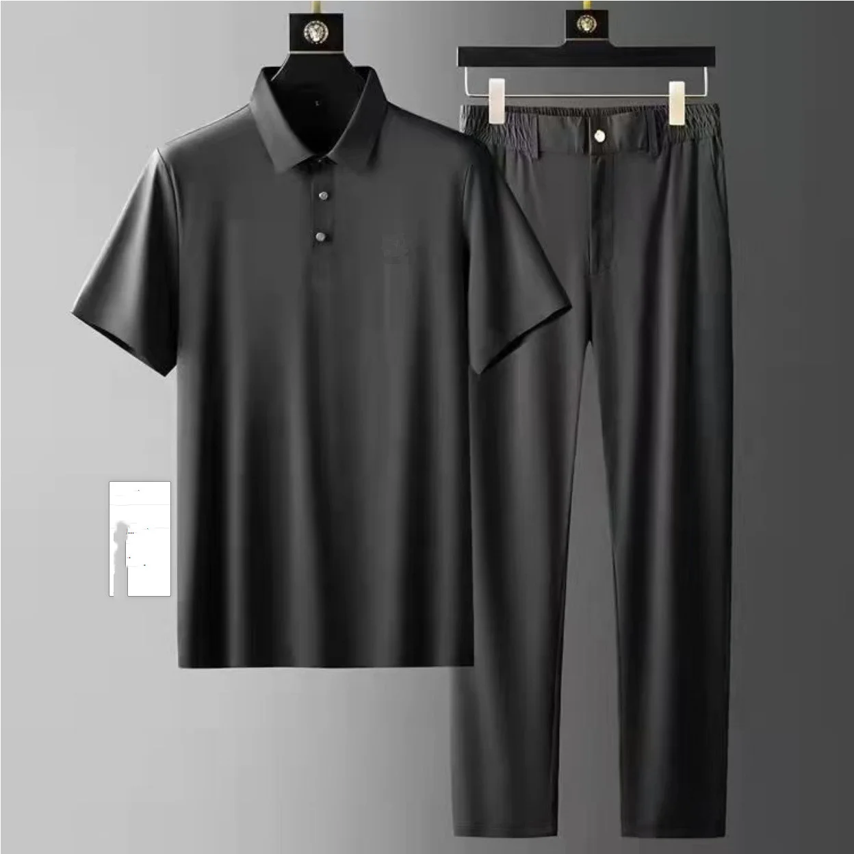 High spring silk smooth Q stretch thin speed dry ice silk short sleeve two-piece summer men's lapel casual sports suit men