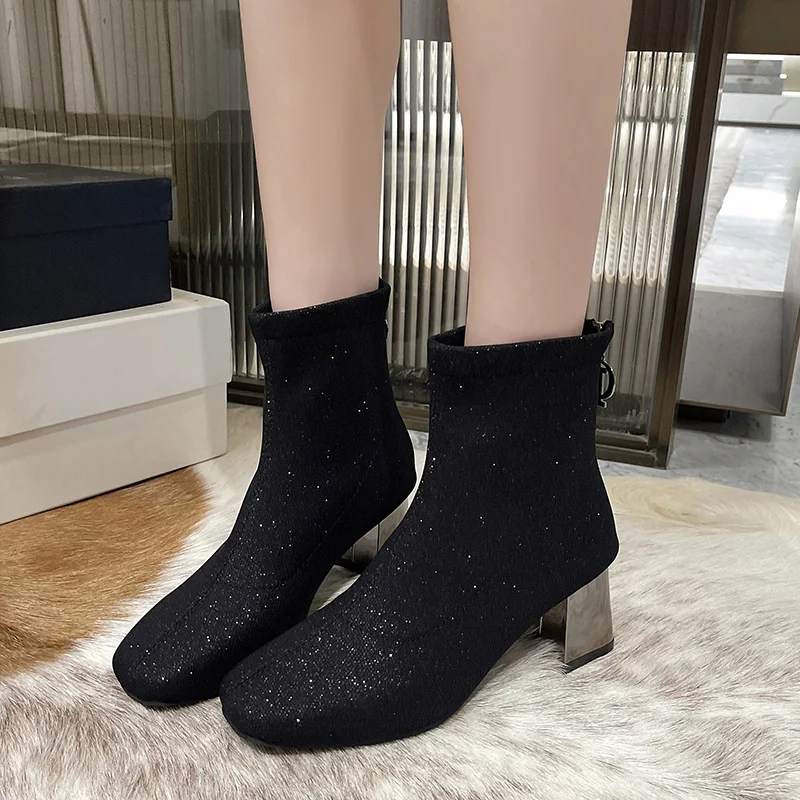 

Новинка Осень-зима 2022, удобные женские сапоги с круглым носком, универсальные модные женские сапоги из сетчатой ткани на толстом каблуке и з...