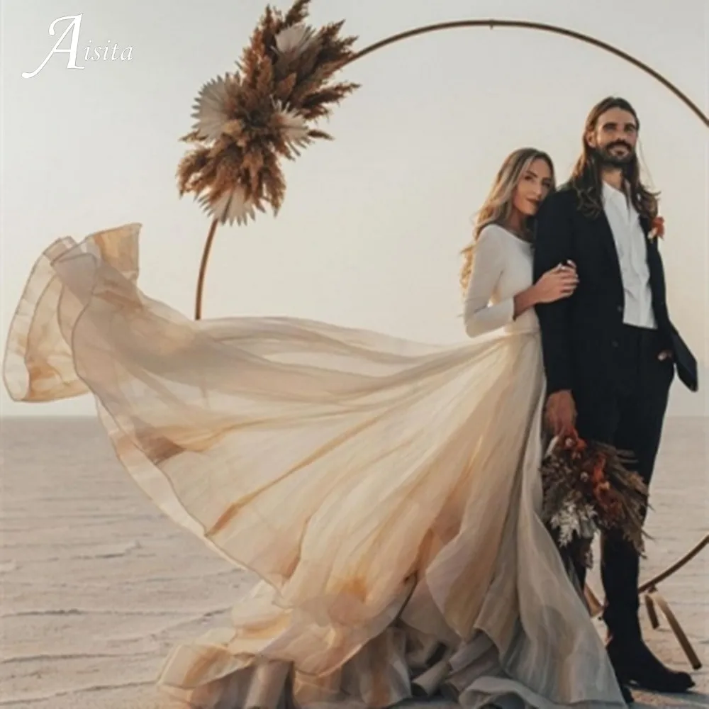 

Simple Long Sleeves A-line Wedding Dresses Beach Tulle Vestidos De Novia Boho Tulle Sweep Train Bridal Robe