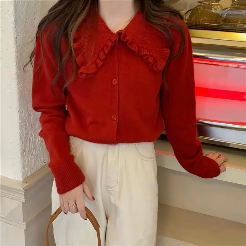 

Cardigan Sweater Peter Pan Collar Button Women Knit Sweater Coat Spring Autumn Solid Color Woman Sweaters Long Sleeve Tops D74