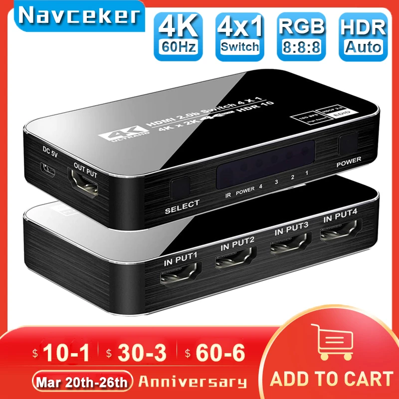 

2022 Best 4K HDMI Switch 2.0 Support RGB 4:4:4 HDR HDMI Switch 4K 60Hz HDMI 2.0 Switch Remote IR UHD 4 Port HDMI Switch Switcher