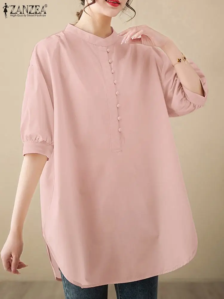 

ZANZEA Fashion Women Tops Casual 2023 Summer Shirts Vintage Loose Blusas Solid Color Stand Collar Half Sleeve Buttons Blouses
