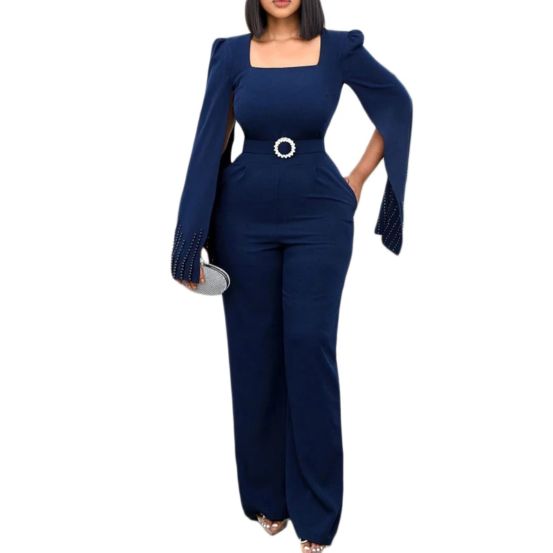 

Straight Jumpsuit Women Square Collar Cloak Sleeve Playsuit Summer New High Waist With Belt Elegant Office Lady Jumpsuit Rompers