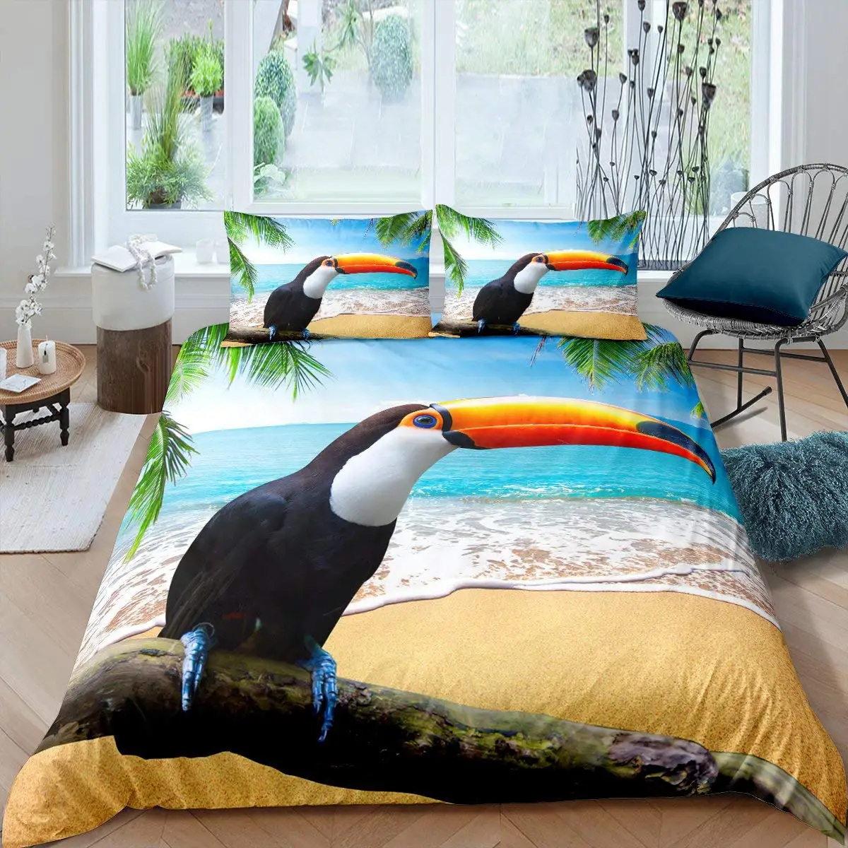 

3D Toucan King Queen Duvet Cover Safari Animals Bedding Set Tropical Jungle Birds Quilt Cover Fresh Nature Green Comforter Cover