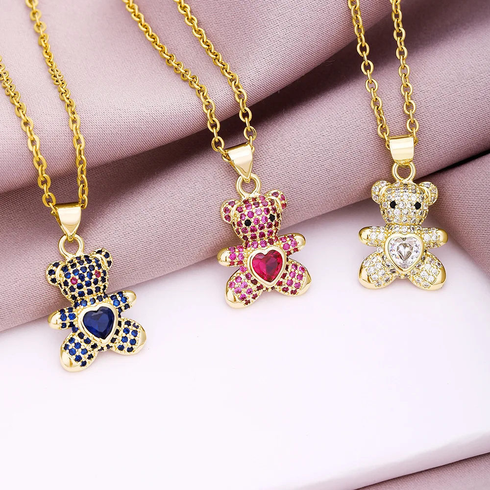 

WANGAIYAO simple fashion love bear necklace female temperament wild copper inlaid zircon pendant collarbone chain popular jewelr