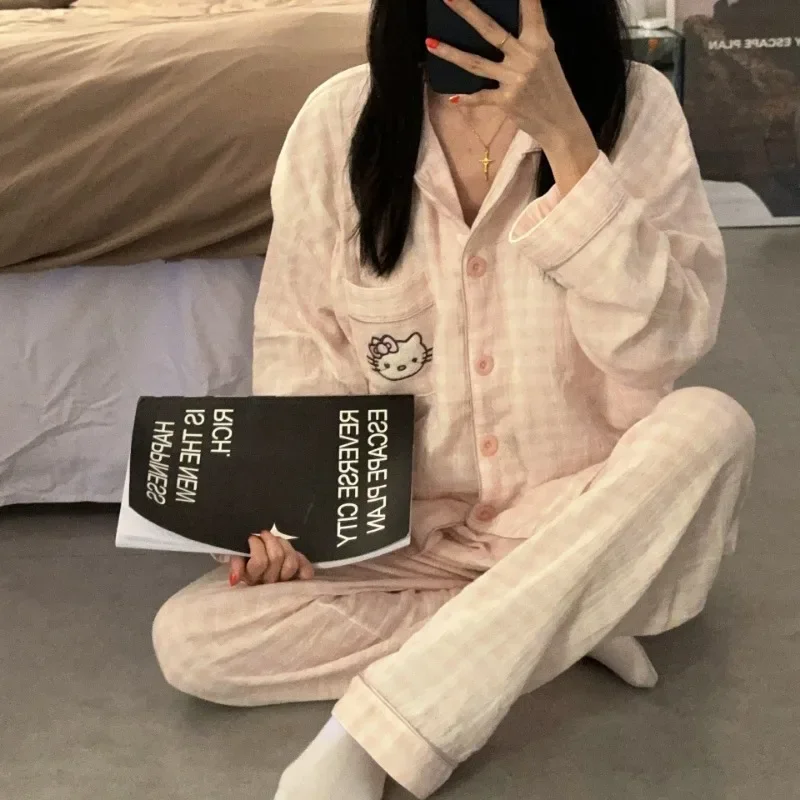 Sanrio Cotton Gauze Pajamas Hello Kitty Women's Pure Cardigan Long-sleeved Trousers Plaid Home Wear Two-piece Set