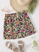 floral all over print split hem skirt boho fashion zipper straight natural short a line summer women clothing mini dress 2022