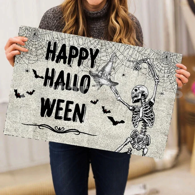 

Halloween Doormat - Skeleton Dancing Happy Halloween, Creepy Halloween Decor, Haunted House Decoration, Spooky Welcome Mat