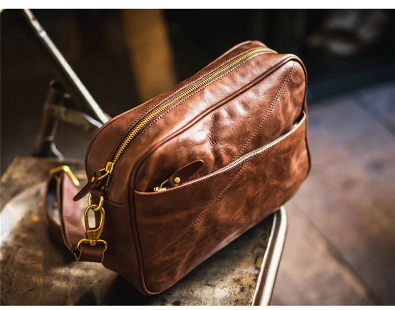Fashion luxury handmade designer natural real leather men diagonal bag outdoor daily travel mobile phone storage messenger bag