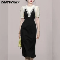 zrftvcxky 2022 new designer puff sleeve long dresses clothing summer women o collar lace patchwork black work wear chic dress