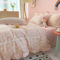 kawaii princess style bedding set for girls ruffle lace bed sheet 100 cotton fitted quilt cover with pillowcase queen king size