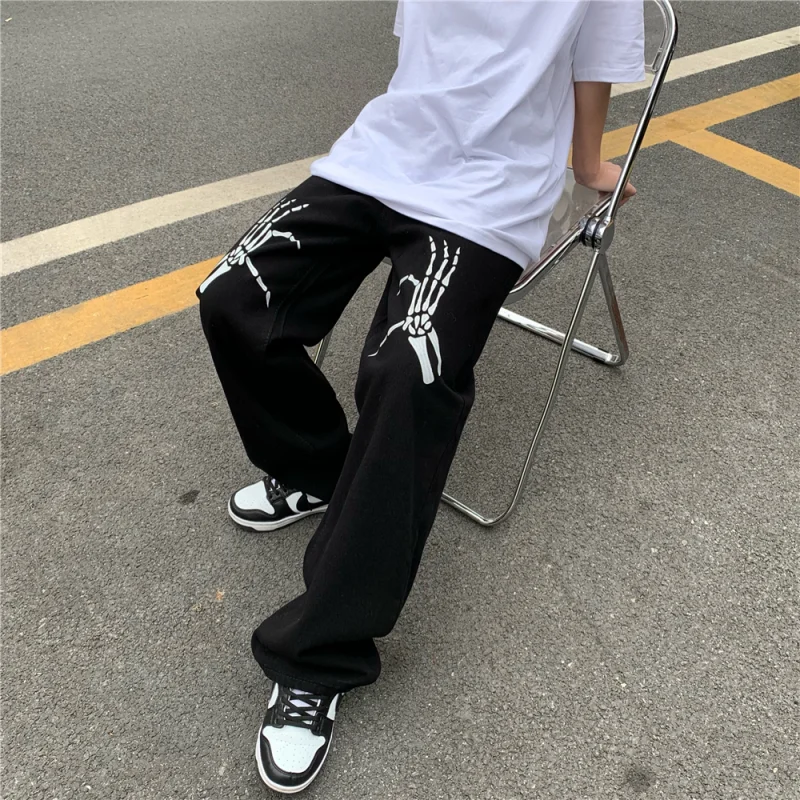 Hip Hop Black Jeans Men Fashion Printing Denim Trousers Spring Autumn Ins Retro Wide Leg Pants Oversized Man Clothing Streetwear