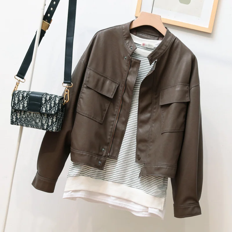 

Autumn Punk Slim Jacket Women Short PU Leather Coat Spring Biker Motorcycle Casual Outerwear ED1675