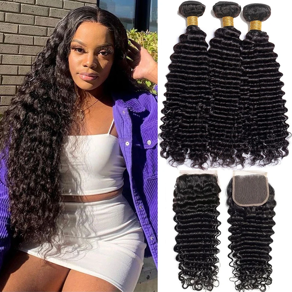 

12A Peruvian Deep Wave Bundles With Cloure Frontal 100% Virgin Human Hair 3 Bundles With Closure 4x4 Lace Frontal With Bundles