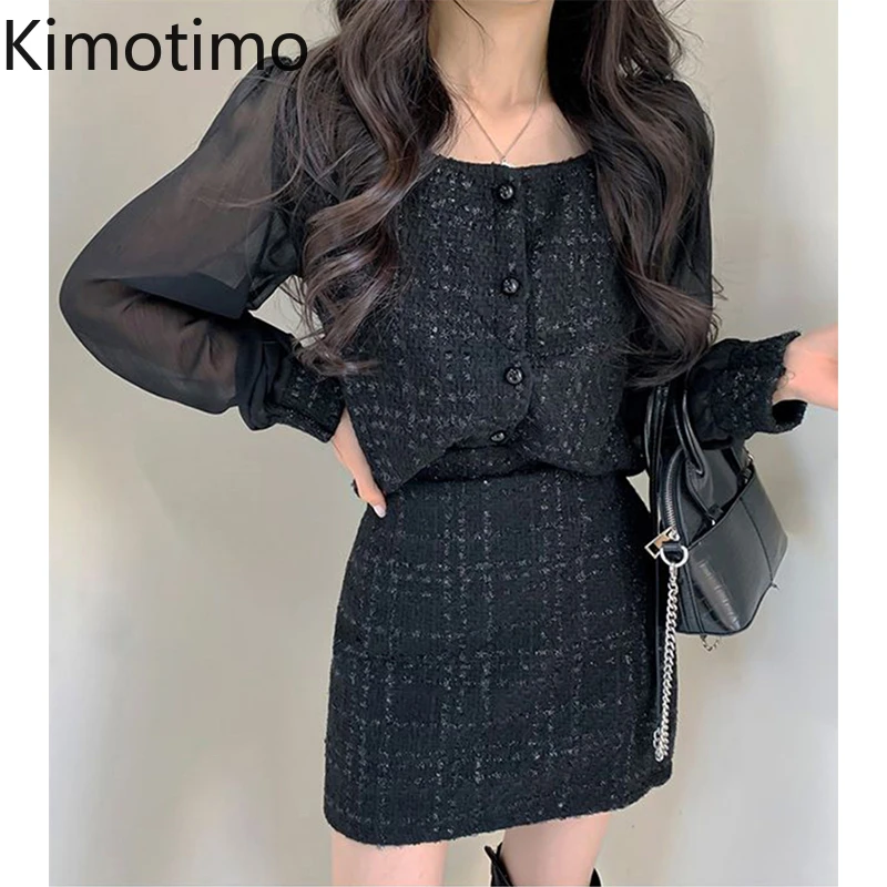 

Kimotimo Vintage Tweed Sets Women Korean Chic Temperament Mesh Splicing Long Sleeve Shirt + High Waist Mini Skirt Two Piece Set