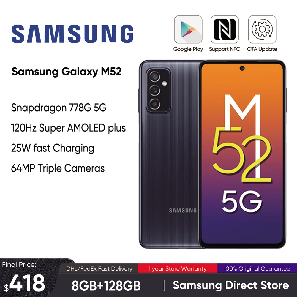 Samsung Galaxy M52 M526bds 5G Smartphone Snapdragon 778G 120Hz Super AMOLED Plus 64MP Triple Cameras 5000mAh Battery Cellphone
