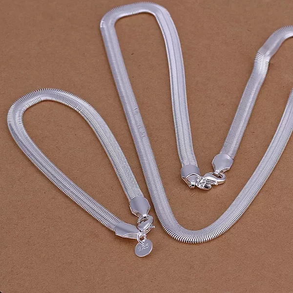 925 Stamped silver necklace bracelets jewelry Set 6MM flat soft snake chain fashion Silver women Mens wedding