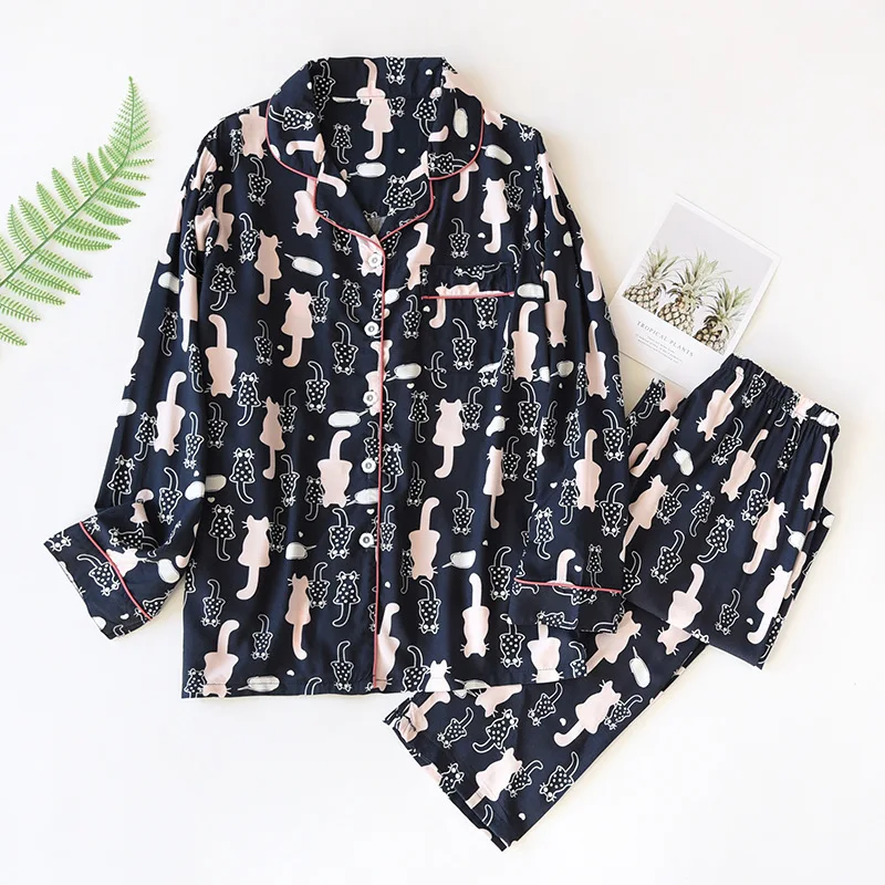 Spring and summer new ladies 100%viscose pajamas long-sleeved trousers two-piece thin print home wear ladies loose plus size set