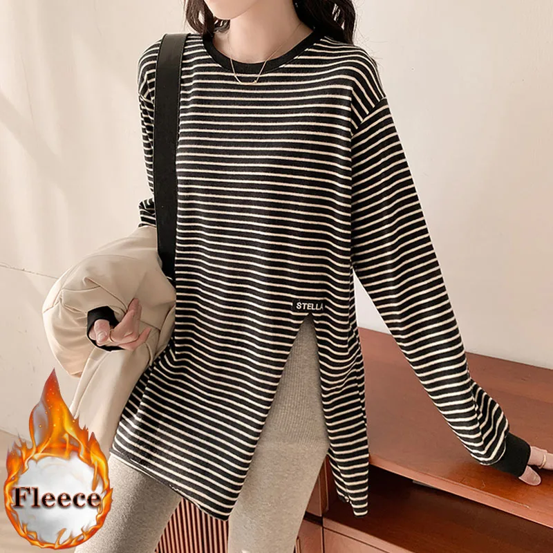 

autumn winter pure cotton Long Sleeve Stripe T Shirt Women korean fleece warm side slit Casual oversized bottoming T-shirts tops