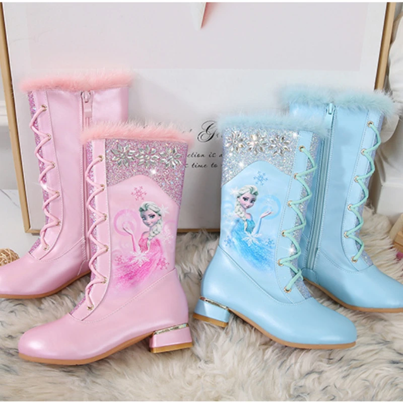 

Disney Girls Leather Boots Winter Frozen Boots Zipper High Velvet Princess Elsa Martin Pink Blue Warm Children Boots Size 27-36