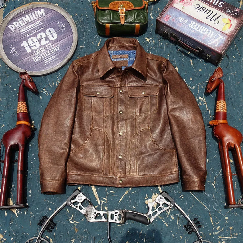 Мужская кожаная куртка из 100% натурального меха [итальянская антиба растительного дубления металлическая козья кожа] темно-Золотая толстая твердая прочная силуэнь