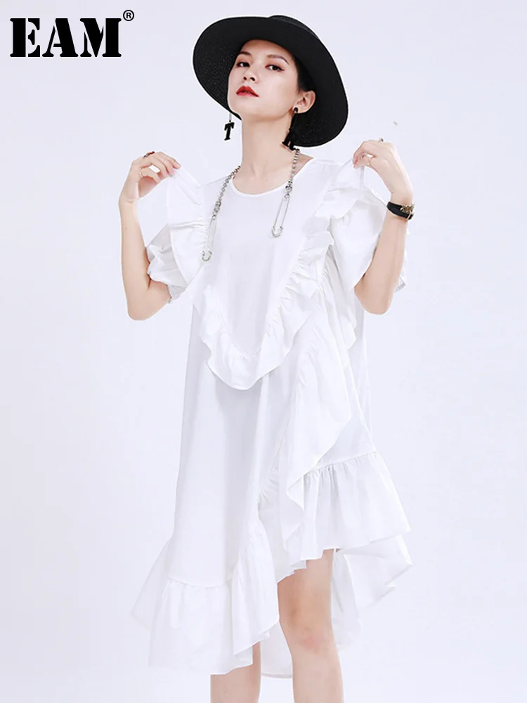 

[EAM] Women Green Irregular Ruffles Split Dress New Round Neck Short Sleeve Loose Fit Fashion Tide Spring Summer 2022 1U387