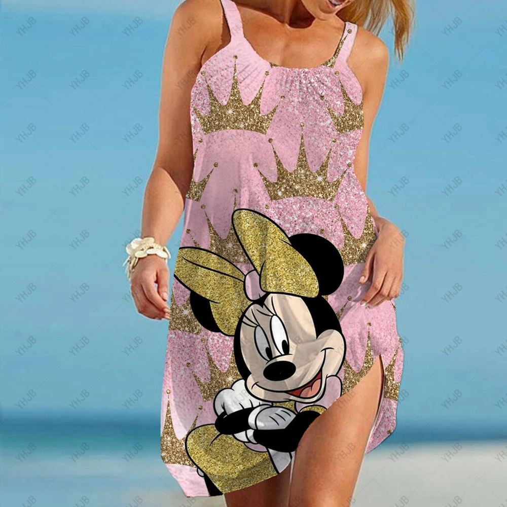

Disney Minnie Mickey Summer Sexy Beach Dress Fashion Loose Sleeveless Dress Crown 3D Print Sundress Sexy Girls Party Dresses