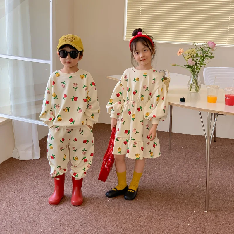 

Autumn Girl Clothes Fashion Full Sleeved Dress Pullover Pants Set Brother Sister Clothing Free Shipping