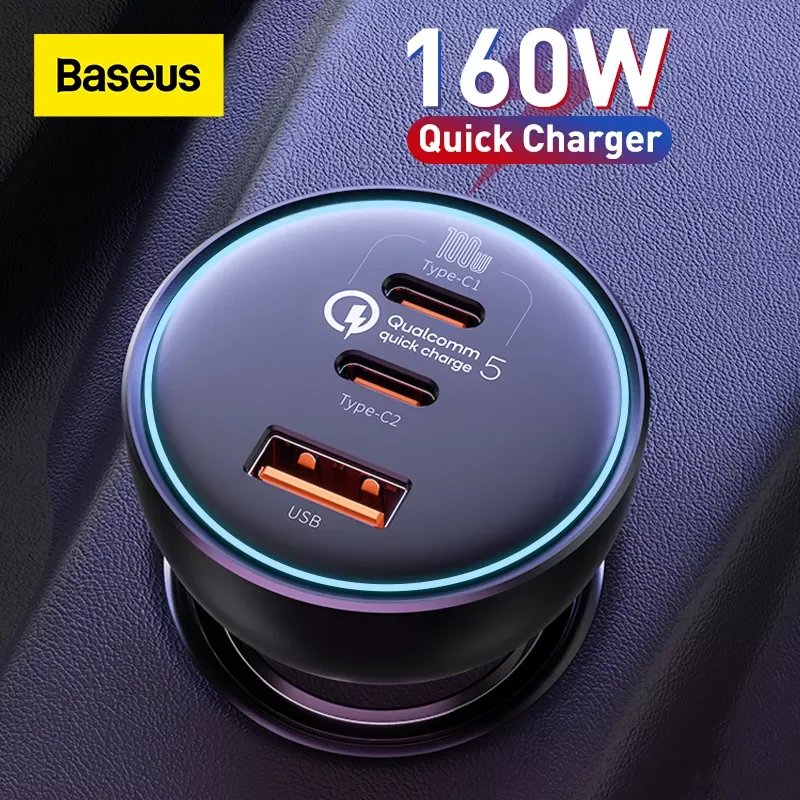 

Baseus 160W Car Charger QC 5.0 Fast Charging For iPhone 13 12 Pro USB Type C Quick Charger For Laptops Car Phone Charger