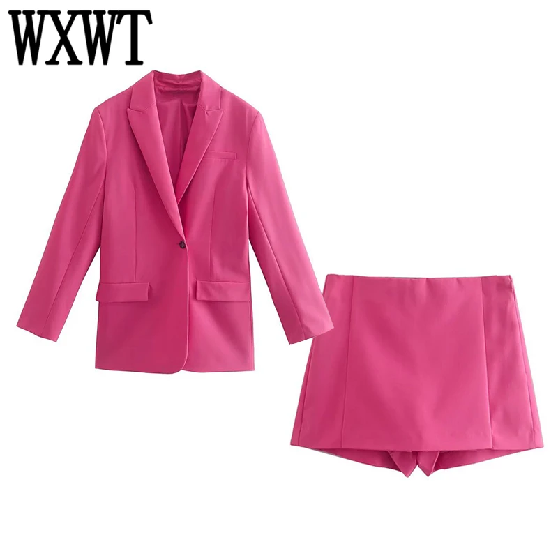 

WXWT Women Rose Red Sets 2022 Single Button Loose Blazer With High Waist Shorts Solid High Street Outfits Set OP9912