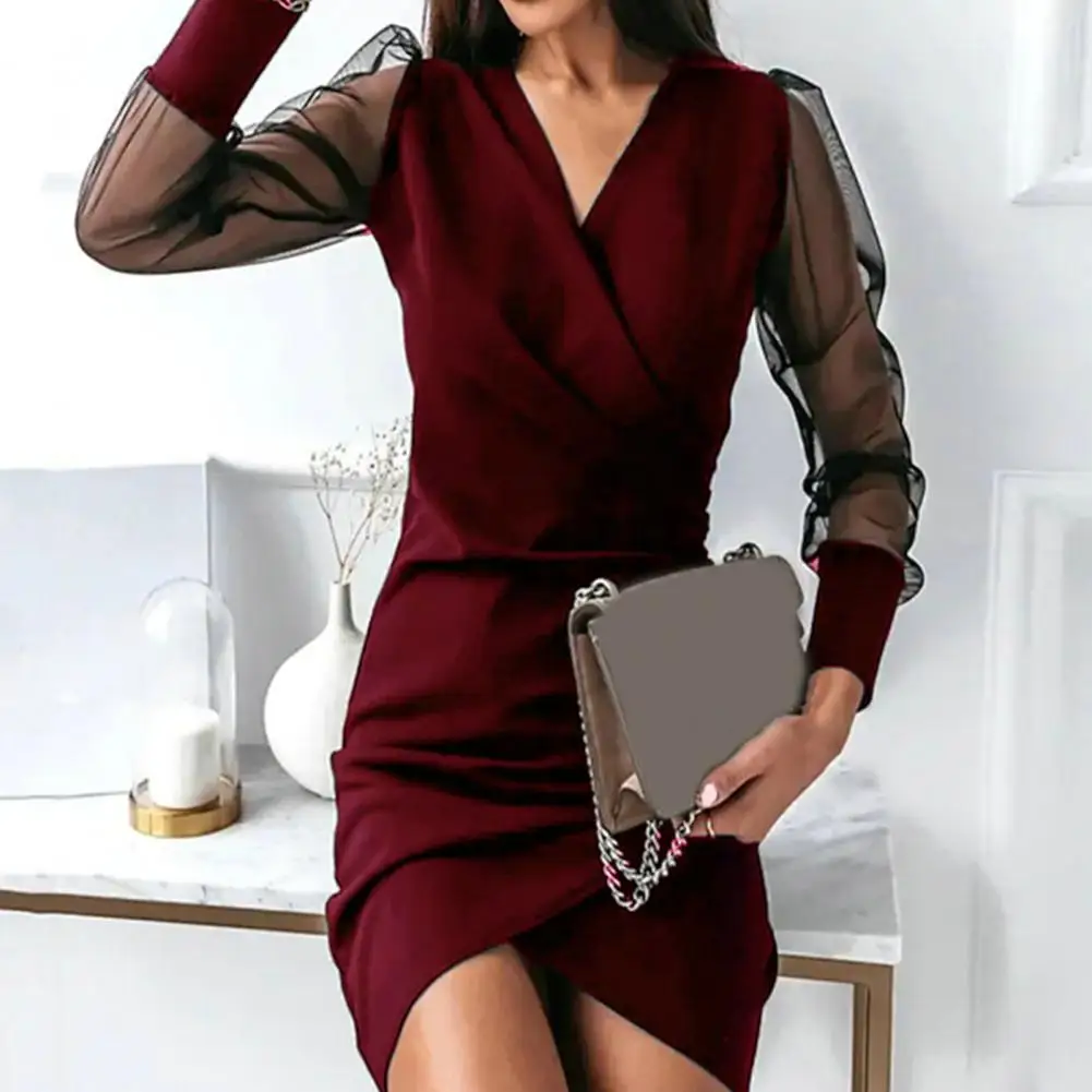 

Женское платье с V-образным вырезом, прозрачное Сетчатое женское платье с длинным рукавом, однотонное женское платье, повседневная одежда