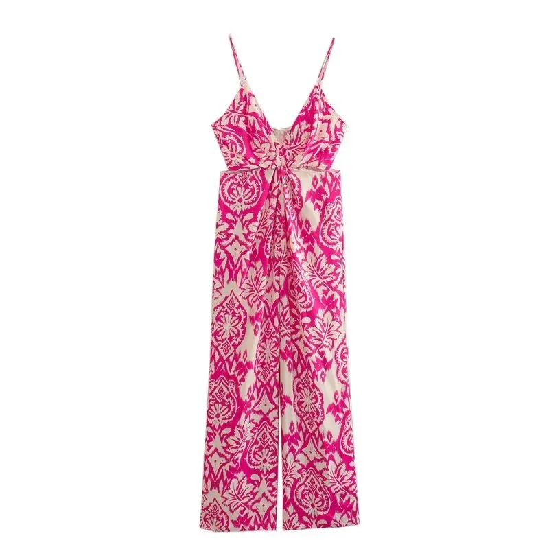

TRAF Print Hollow Out Jumpsuit Woman V Neck Long Jumpsuit for Women Strap Sleeveless Streetwear Jumpsuits Summer Women Outfits