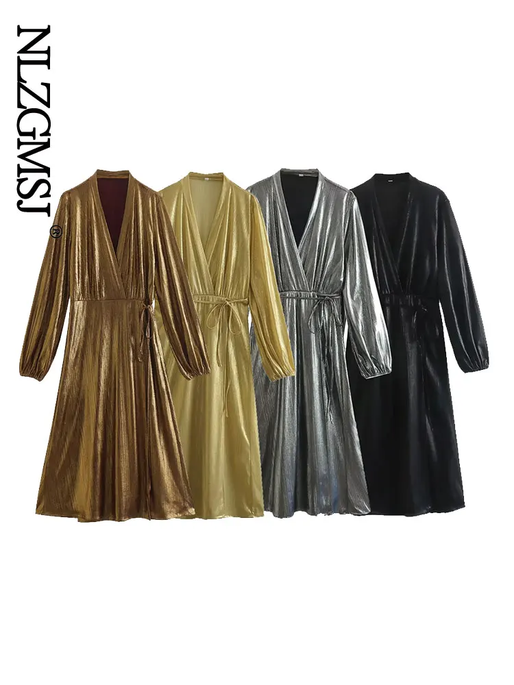 

Женское платье-миди с длинным рукавом и V-образным вырезом