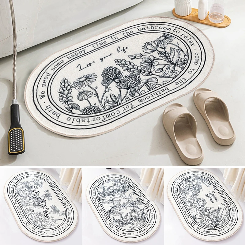 

Oval Bath Mats Non Slip Bathroom Mat Scenery Flower Printed Absorbent Rug Simple Shower Room Entrance Carpet Soft Tapis De Bain