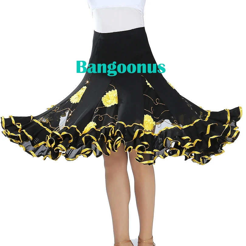 

Woman Black Ballroom Dance Costume Skirt Modern Standard Waltz Dancer Half Dress Latin Salsa Cha Cha Big Swing Elastic Waistband