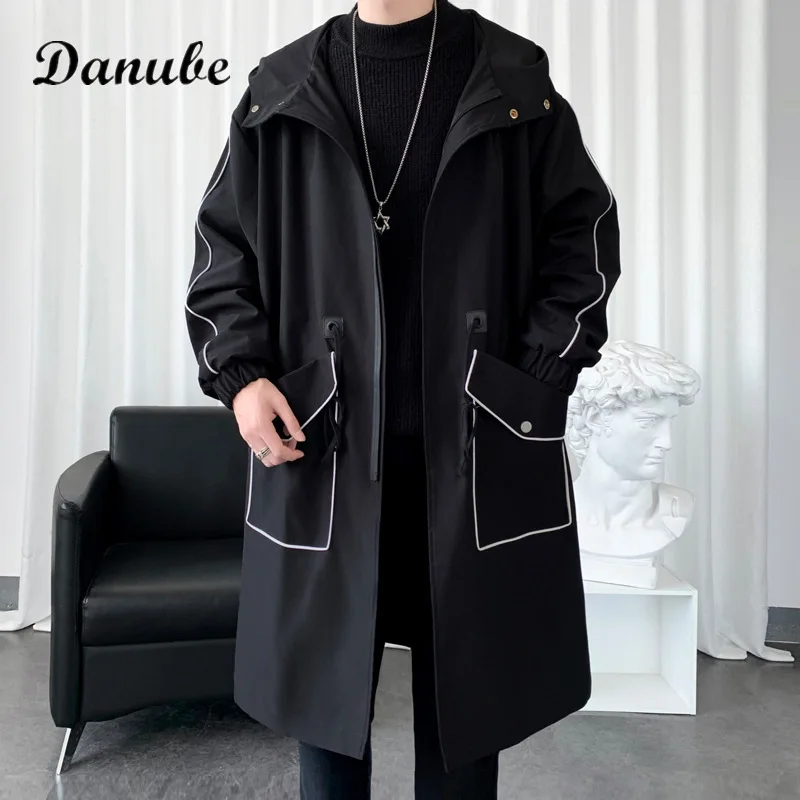 

Man Hood Long Jacket Trench Coat Spring Autumn Harajuku Zipper Waterproof Outwear Hip Hop Windproof Casual Trench Male Overcoat