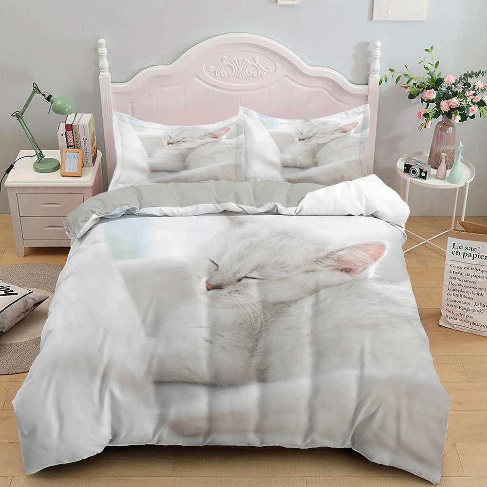 

White Cat King Queen Duvet Cover Kawaii Pet Kitty Bedding Set Animal 2/3pcs Polyester Quilt Cover for Kids Teens Adults Family