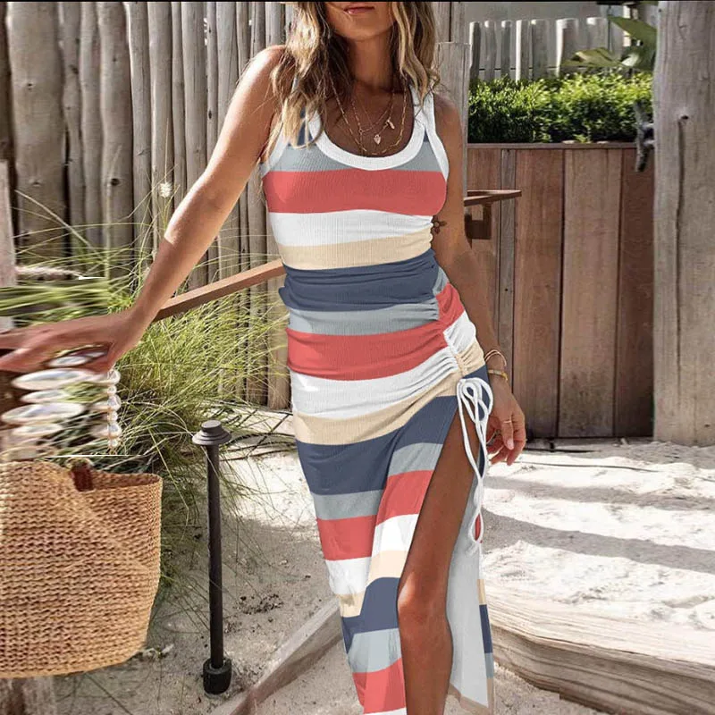 Женское летнее платье с разрезом модное сексуальное тонкое без рукавов