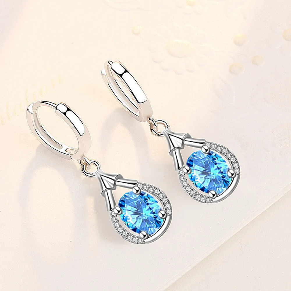 

925 Silver Needle Trendy Women's Fashion Jewelry High Quality Blue Pink Cubic Zirconia Water Drop Women Earrings