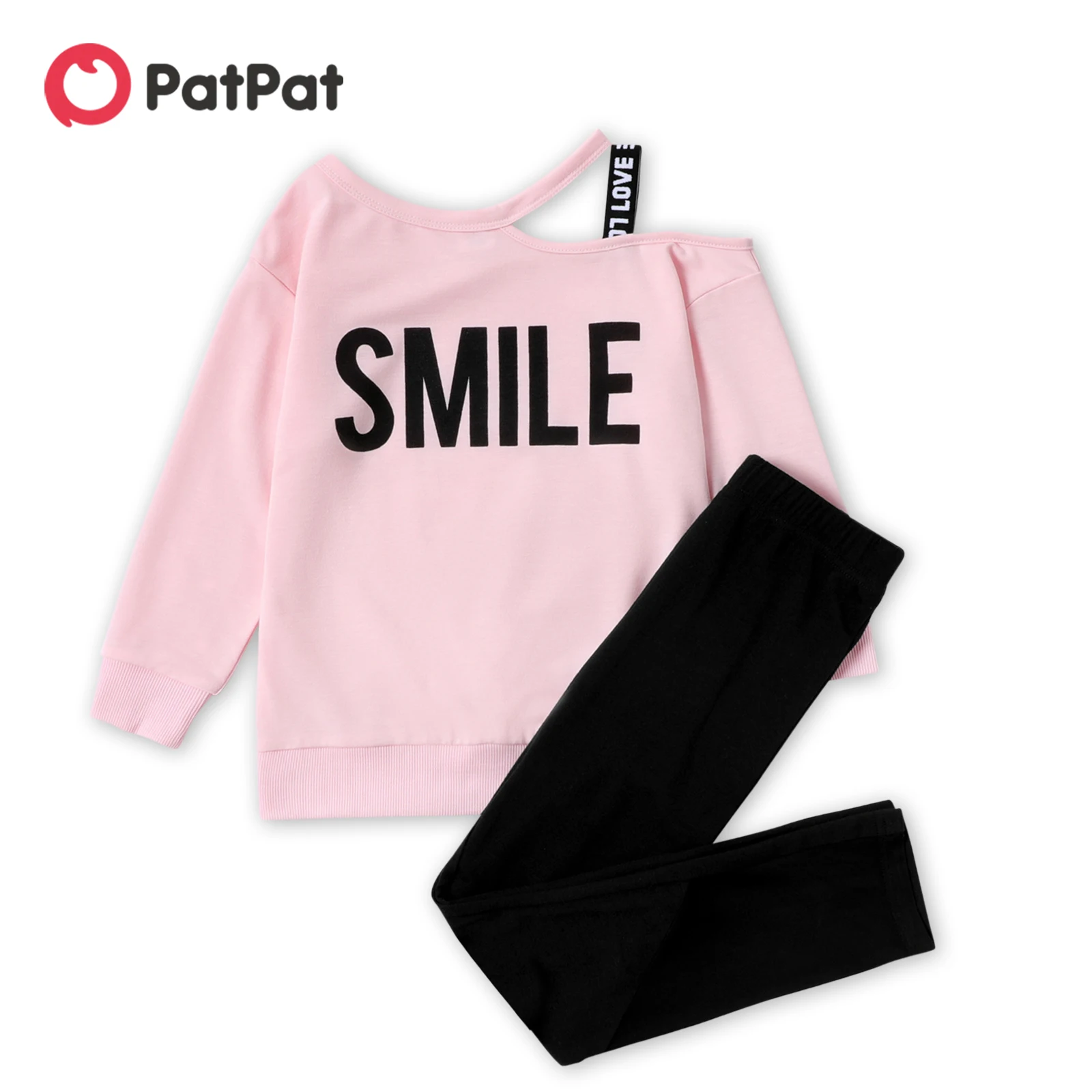 

PatPat 2-piece Kid Girl Letter Print One Shoulder Strap Tee and Elasticized Pants Set