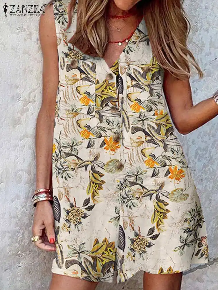 

2023 ZANZEA Women Summer Rompers Floral Printed Vintage V Neck Sleeveless Jumpsuits Casual Party Playsuits Holiday Overalls