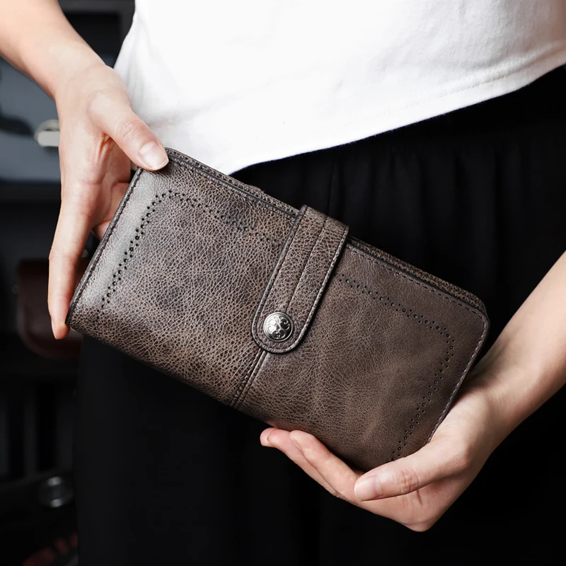 Large Capacity Men Clutch Wallet Handbag Genuine Leather Card Slot Phone Holder Zipper Coin Purse Portable Long Wallet Money Bag