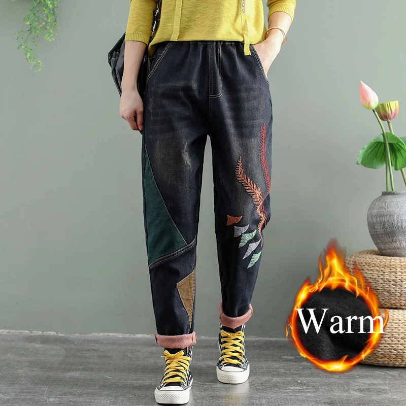 

Женские бархатные шаровары с мультяшным принтом, зимние Утепленные повседневные джинсовые брюки-Капри с высокой талией и вышивкой рыбы, ковбойские брюки с подкладкой