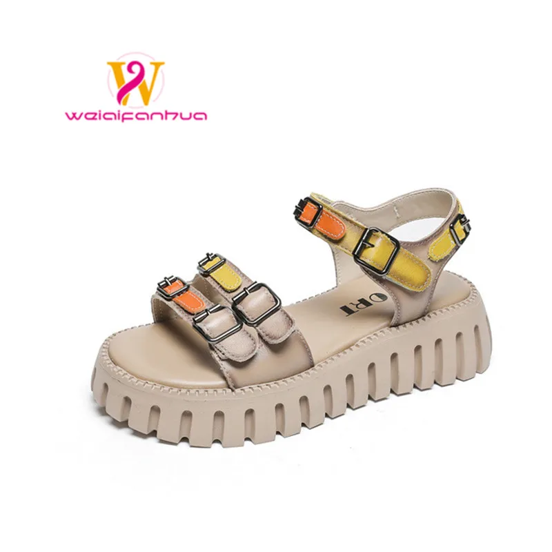 

Sandals Women's Platform Color Block 2023 Summer New First Layer Cowhide Muffin Foam Bottom Casual Vintage Roman Sandals Women