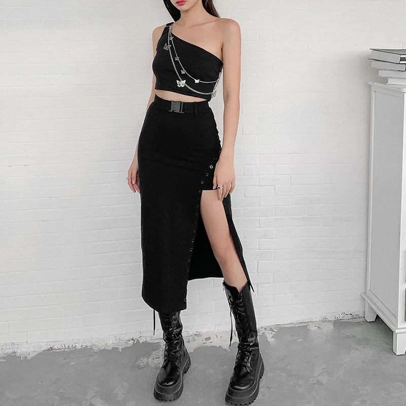 

Goth Dark Style Punk Black Sexy Midi Skirts Gothic Slit Hem High Waist Patchwork Women Grunge Pencil Skirt Fashion Streetwear