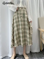 qooth spring summer mid length plaid jk y2k a line skirt women college style vintage high waisted skirt qt1730