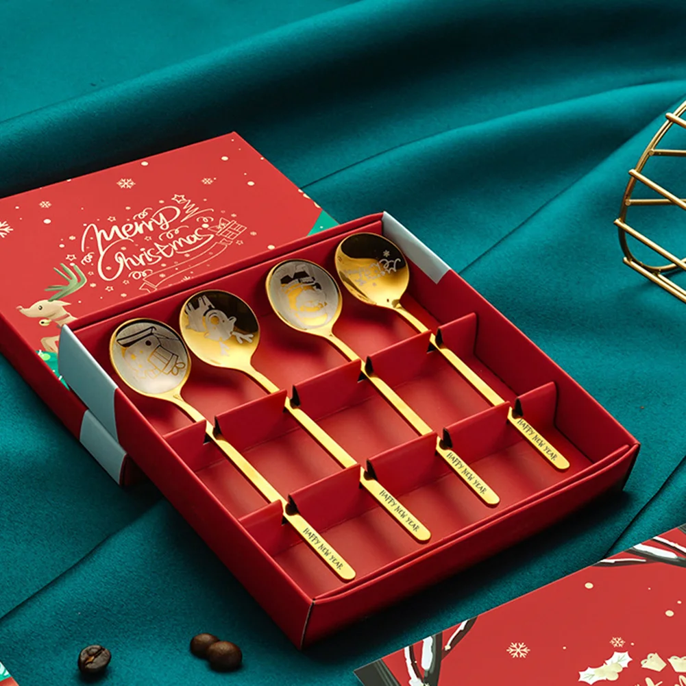 

4PCS Christmas Coffee Spoons With Gift Box Teaspoons Dessert Stainless Steel Spoons Tableware Christmas Gift New Year 2023